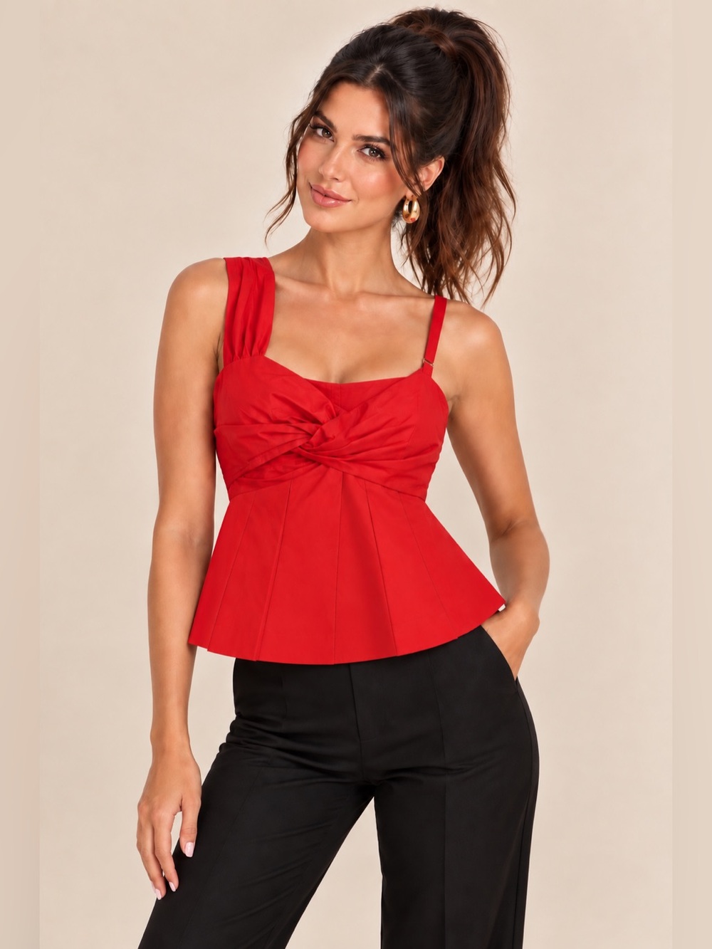 LOST + WANDER Red Bow Knot Front A-Line Top Pleated Detail Adjustable Strap XS